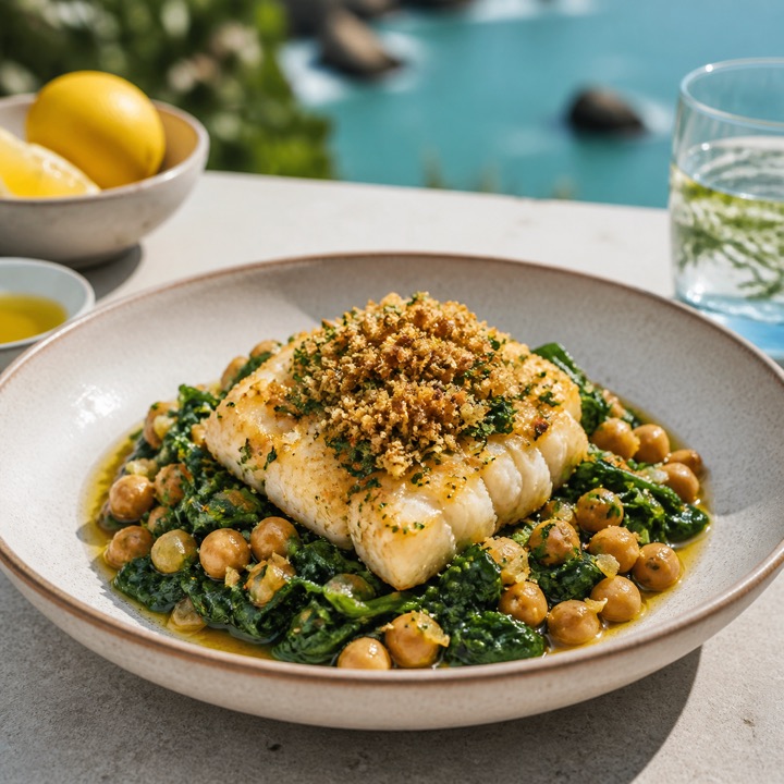 Bacalhau com broa, espinafres e grão num exterior costeiro